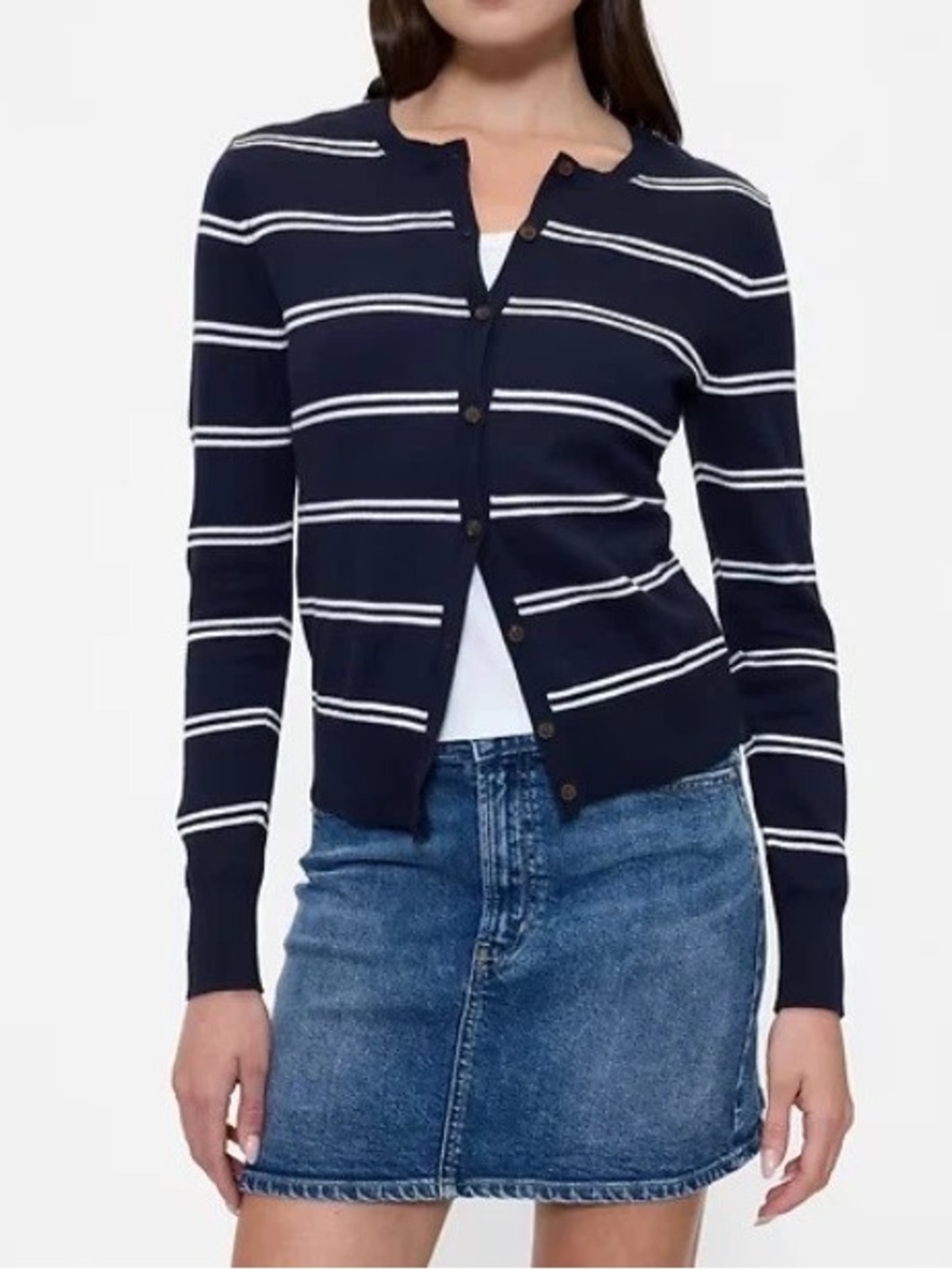 GAP Classic Button-Front Crewneck Cardigan Sweater - Navy with White Stripes